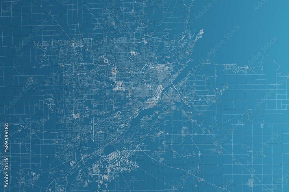 Fototapeta premium Map of the streets of Toledo (Ohio, USA) made with white lines on blue paper. Rough background. 3d render, illustration
