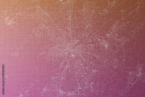 Map of the streets of Dayton (Ohio, USA) made with white lines on pinkish red gradient background. Top view. 3d render, illustration
