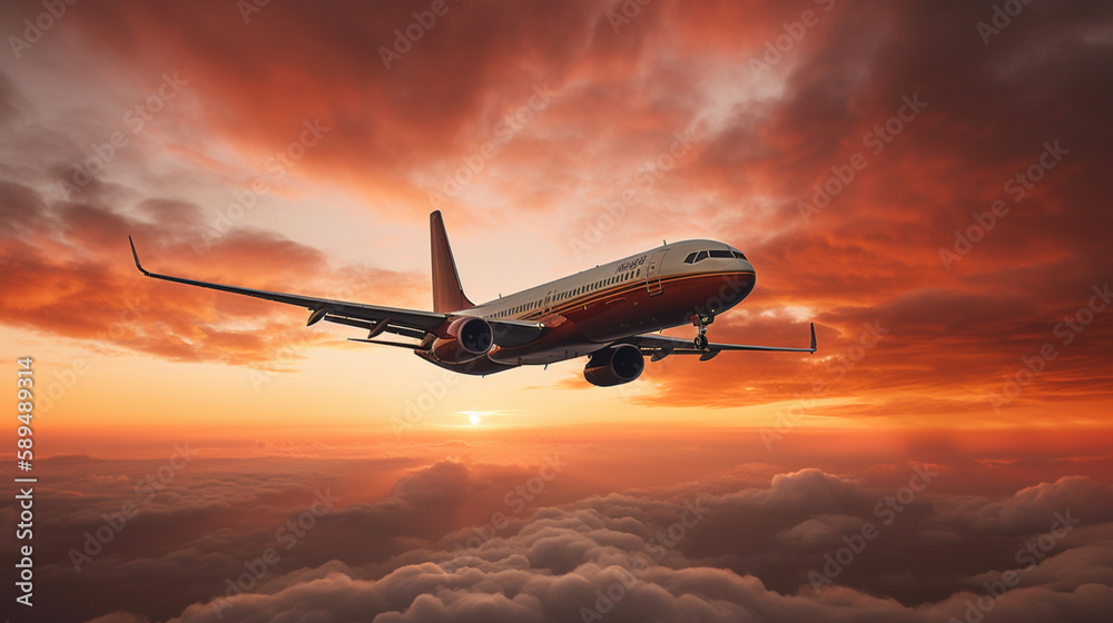 A commercial airliner flying over an orange-red suns Generative AI - obrazy, fototapety, plakaty 