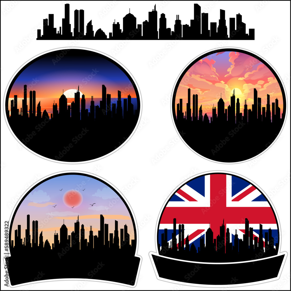 Llantrisant Skyline Silhouette Uk Flag Travel Souvenir Sticker Sunset Background Vector Illustration SVG EPS AI