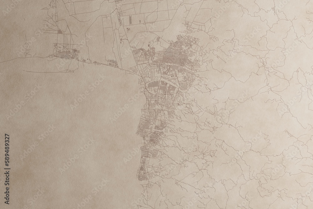 Obraz premium Map of Bujumbura (Burundi) on an old vintage sheet of paper. Retro style grunge paper with light coming from right. 3d render