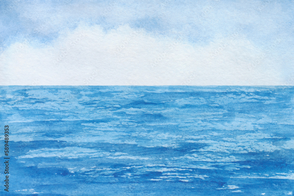 Fototapeta premium Blue, texture, watercolor landscape with a panoramic view of the sea and sky. Drawn by hand with a place for the text. For poster, design and design. Rest in the summer in nature.
