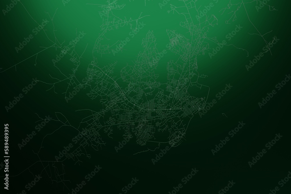 Street map of Bissau (Guinea-Bissau) engraved on green metal background. Light is coming from top. 3d render, illustration - obrazy, fototapety, plakaty 