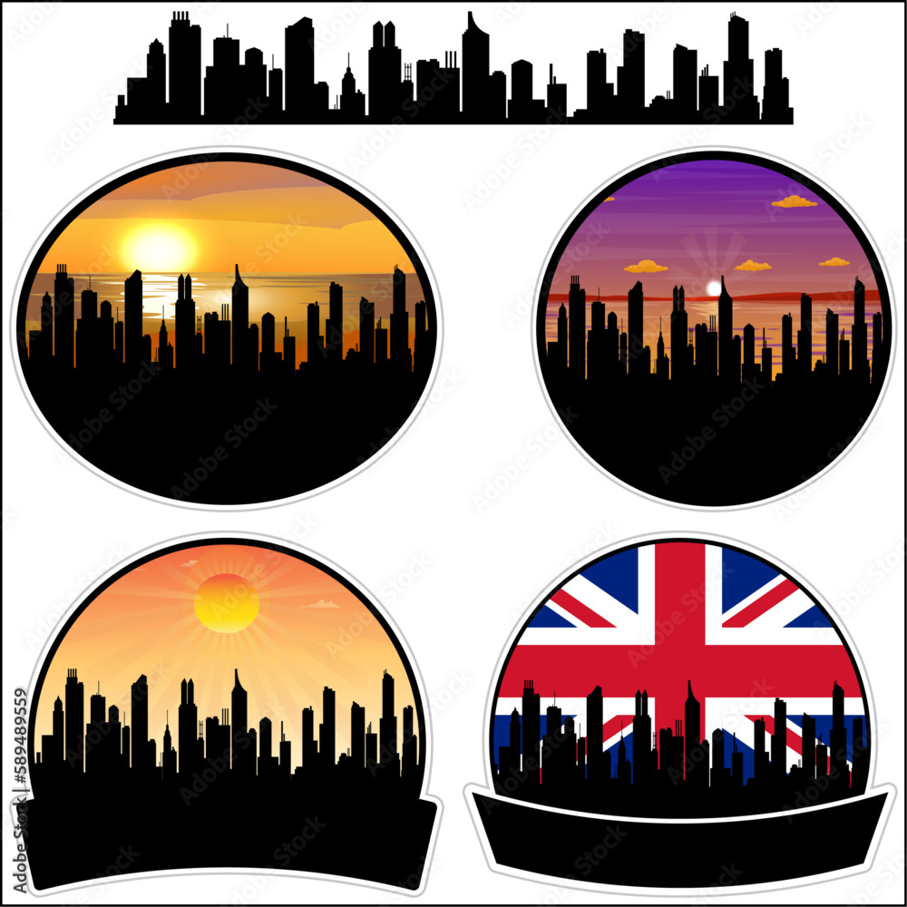 Northenden Skyline Silhouette Uk Flag Travel Souvenir Sticker Sunset Background Vector Illustration SVG EPS AI