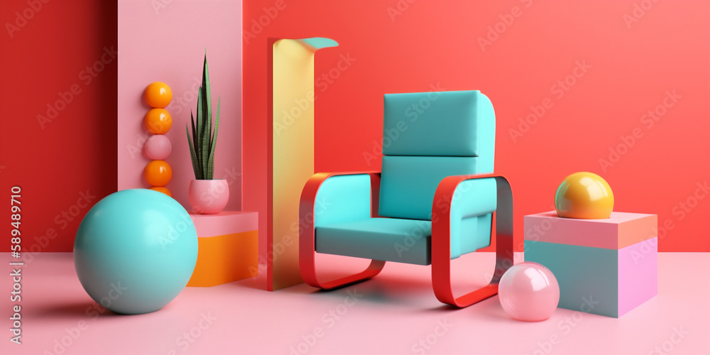 modern colourful design sofa memphis interior art armchair home geometric room. Generative AI. modern colourful design sofa memphis interior art armchair home geometric room. Generative AI.