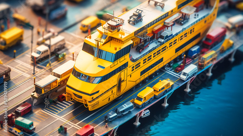 A futuristic electric cargo transport vehicle in a bustling seaport  showcasing international and interconnected transport