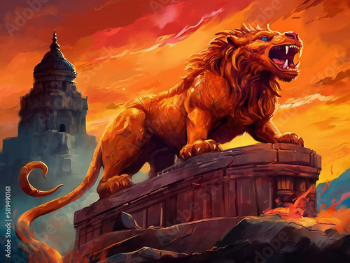 Chimaera in Ancient Ruins, Mythical Creature Digital Painting, Fiery Atmosphere, Generative AI