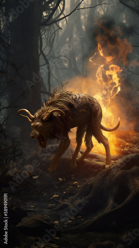 Chimaera in Burning Forest  3D Rendered Scene  Fear and Chaos  Generative AI 