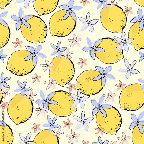 Pattern with lemons and flowers. Citrus vector background with lemons.
