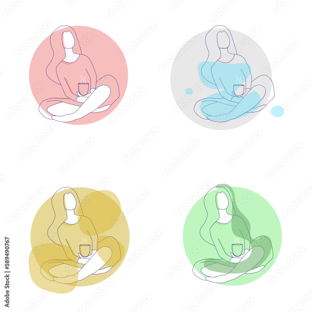 Sticker set woman meditating in lotus with coffee in color flat style. Vector illustration. Day routine concept