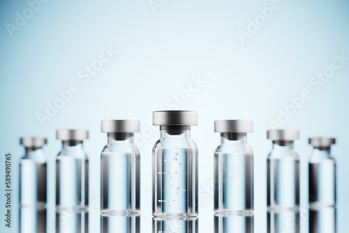 Many glass medical bottles. Glass, transparent medical bottle with dna icon inside. 3d renderer.