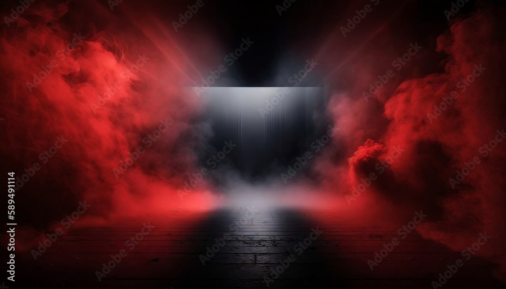 immerse yourself in an ethereal world: empty dark stage transformed with mist, fog, and red smoke, perfect for showcasing artistic works and products. generative ai - obrazy, fototapety, plakaty 