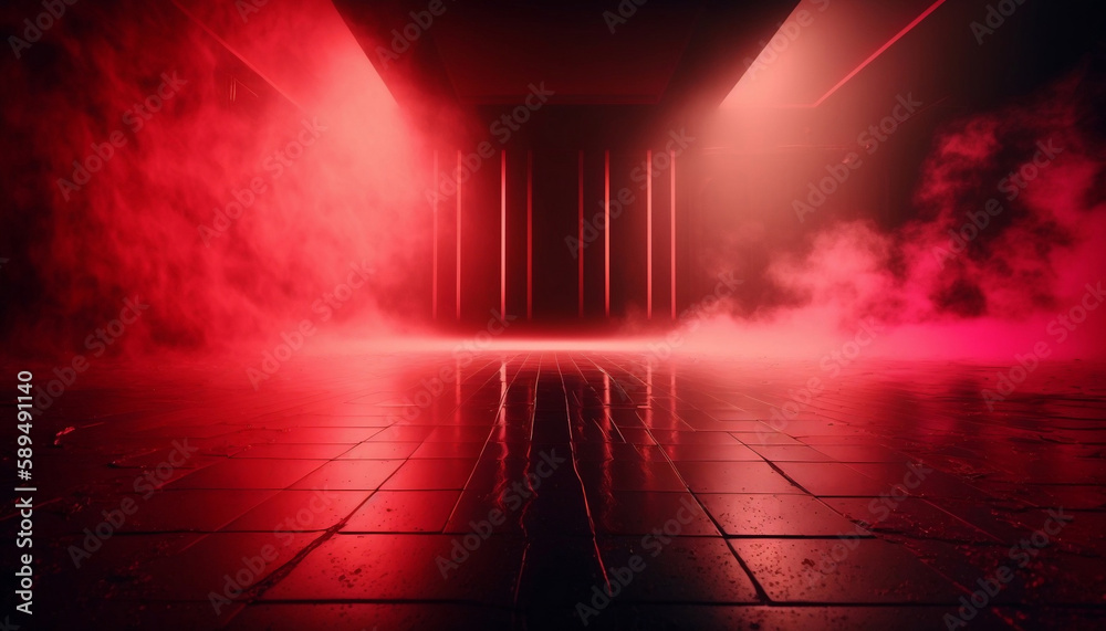 immerse yourself in an ethereal world: empty dark stage transformed with mist, fog, and red spotlights, perfect for showcasing artistic works and products. generative ai