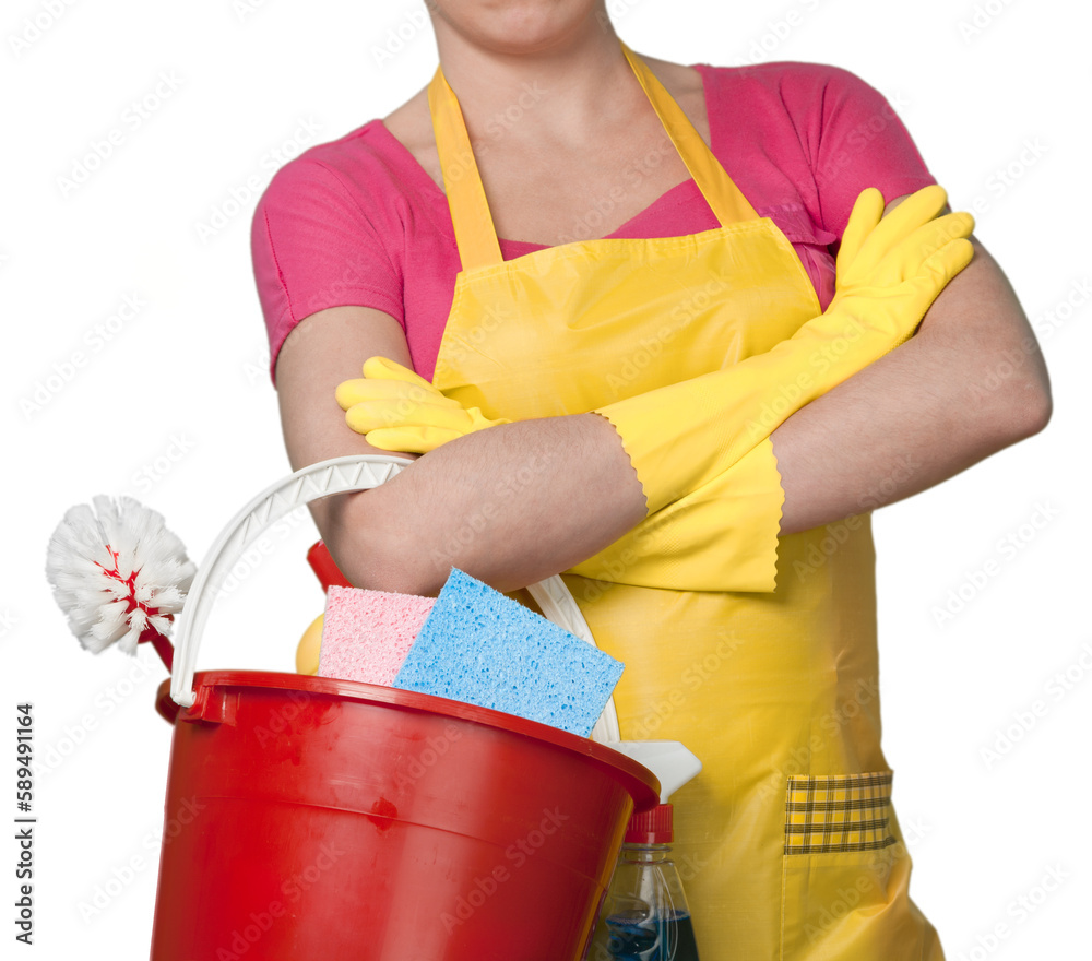 Woman in Apron with Bucket of Cleaning Supplies - Isolated Woman in Apron with Bucket of Cleaning Supplies - Isolated