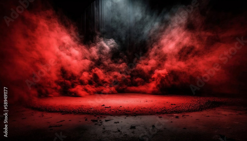 immerse yourself in an ethereal world: empty dark stage transformed with mist, fog, and red smoke, perfect for showcasing artistic works and products. generative ai © Akash