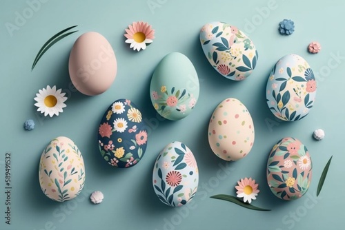 Easter eggs decorated with flowers pattern minimalistic on pastel blue background. AI generated