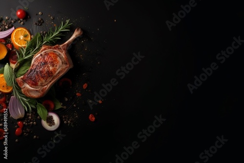 Grilled meat with vegetables and seasonings on black background top view copy space. AI generated