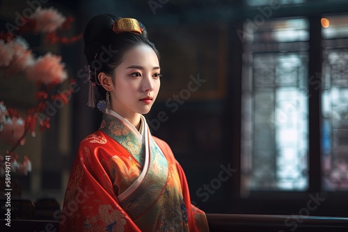 close up portrait of beautiful young Chinese woman wearing traditional clothes, Generative Ai photo