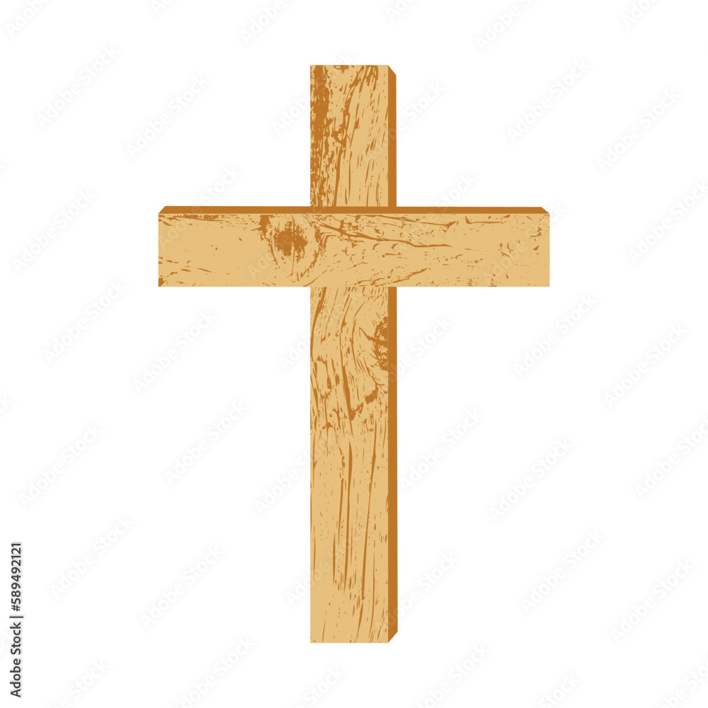 Wooden Christian cross. A simple wooden cross on a white background. Design element for religious holidays and themes. Vector illustration.