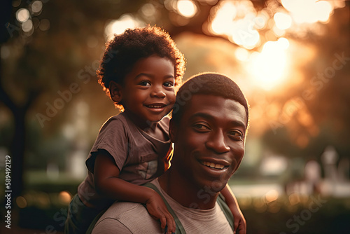 Cute boy sitting on happy African American father's shoulders at park during sunset. Father's Day concept. Generated AI.