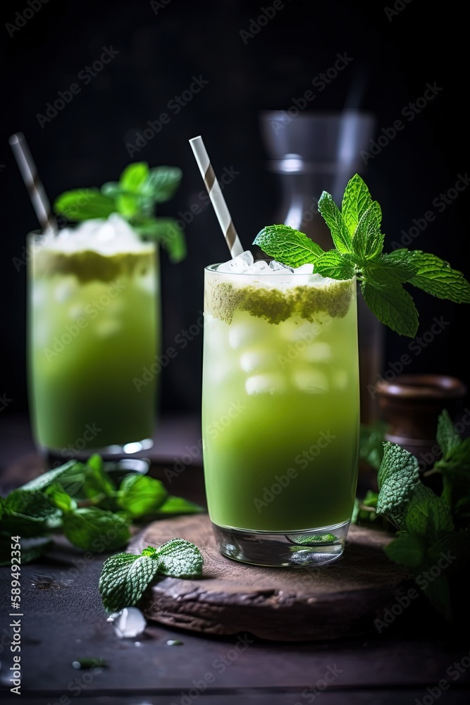 close up spring and summer drink, glass of infused water of mint leaves frappe, Generative Ai close up spring and summer drink, glass of infused water of mint leaves frappe, Generative Ai