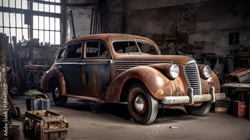 Vintage rusty car in an old garage (AI generated)