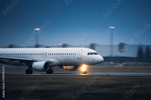 Commercial airplane during take off on airport runway at night. Plane in blurred motion. .