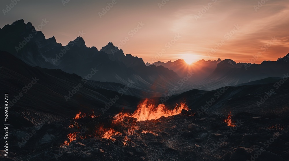 wildfire burning on mountain with morning light, Generative Ai