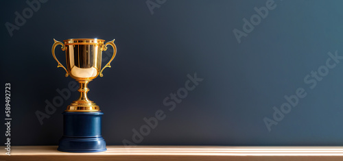 Golden cup of the winner on a dark blue background  award for the first place in the championship  Generative AI.