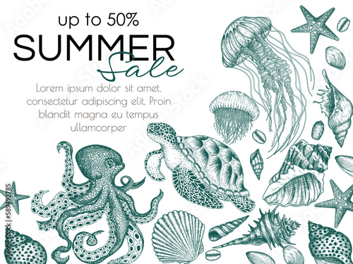 Vector nautical frame in engraving style. Shells, octopus, sea turtle, jellyfish, starfish