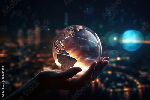 Earth at night was holding in hands on night city background , Energy saving, Earth day, AI Generative
