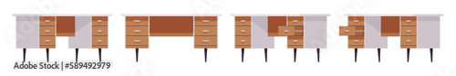 Writing, computer desk for working with storage drawer set. Table, classic business cabinet. Vector flat style cartoon home, office furniture articles isolated, white background front, side, rear view