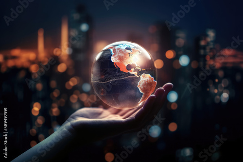 Earth at night was holding in hands on night city background   Energy saving  Earth day  AI Generative