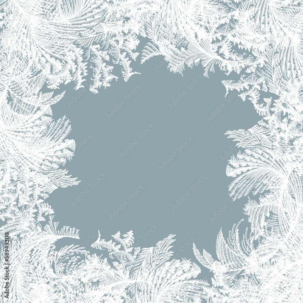 Obraz premium Frost ice window pattern, winter square design frame, fresh cool hand drawn complicated graphic background illustration