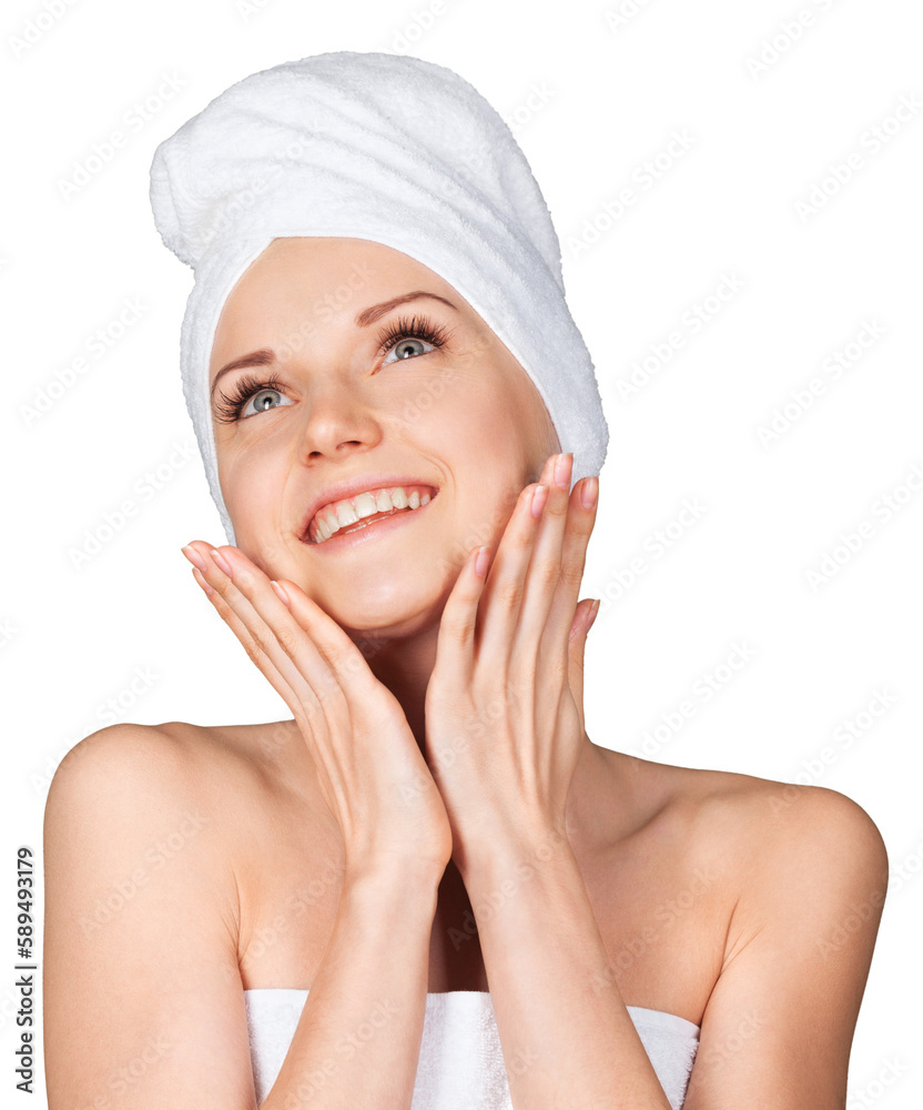 Portrait of beautiful young woman in white towel on head on white background Portrait of beautiful young woman in white towel on head on white background
