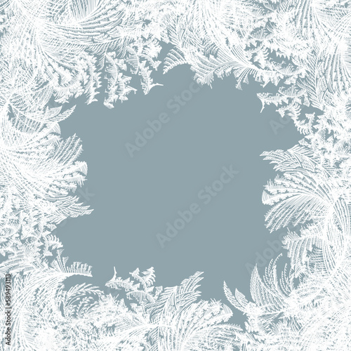 Frost ice window pattern, winter square design frame, fresh cool hand drawn complicated graphic background illustration