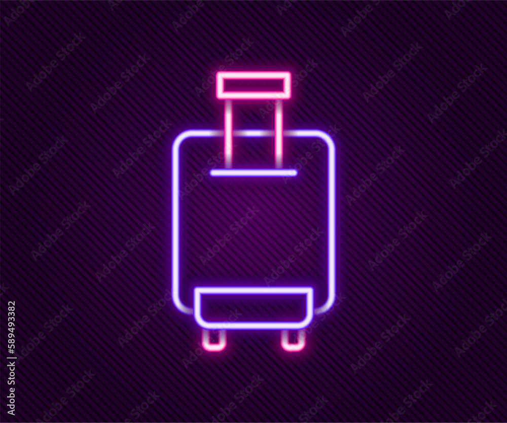 Glowing neon line Suitcase for travel icon isolated on black background. Traveling baggage sign. Travel luggage icon. Colorful outline concept. Vector
