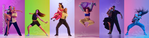 Set of images of young people dancing different dance styles, ballroom, hip-hop and contemporary dance against multicolored background in neon light. Concept of art, fashion, retro and modern style