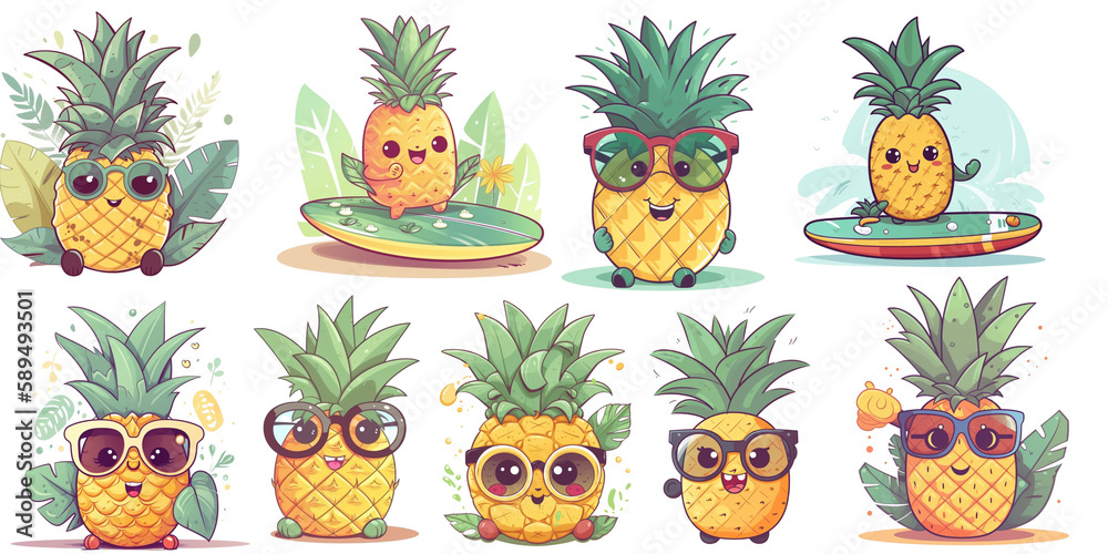 Pineapples in sunglasses in hand drawn style made with the help of artificial intelligence