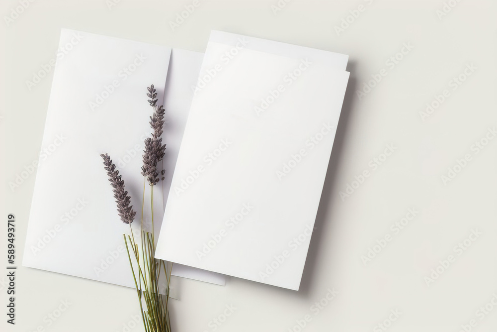 Mockup of an empty sheet of paper and dried flowers on the table. Minimalist postcard design. Generative AI Mockup of an empty sheet of paper and dried flowers on the table. Minimalist postcard design. Generative AI