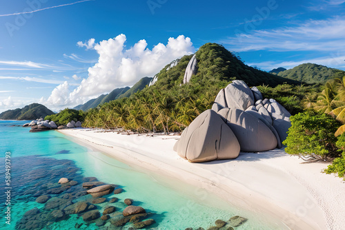 Paradise beach of a tropical island  palm trees  white sand  azure water. Famous stone beach in the Seychelles. Generative AI.