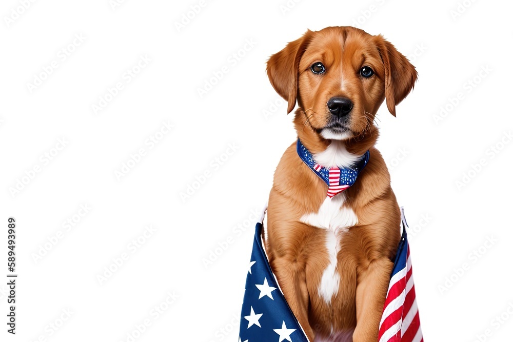A dog on a white background is wrapped in an American flag. Generative AI.