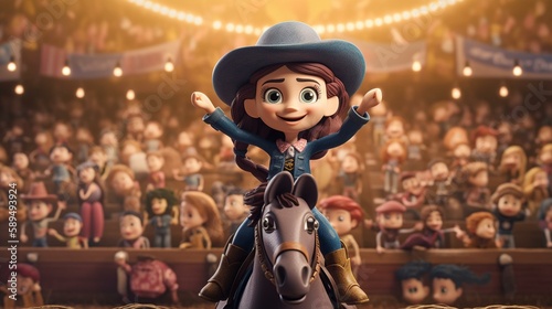 A rodeo cowgirl doll with a denim jacket, cowboy boots, and a lasso, riding a horse in a rodeo arena with cheering fans in the stands. Generative AI