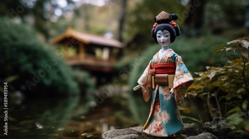 A traditional Japanese doll with a kimono, a fan, and a delicate hairstyle, standing in a Japanese garden with a koi pond and a pagoda. Generative AI