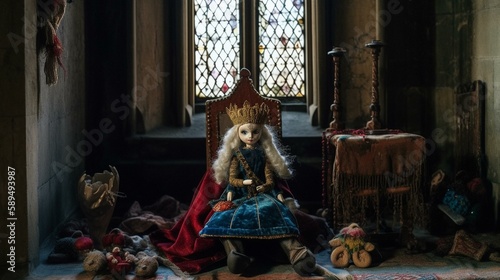 A medieval princess doll with a velvet gown, a crown, and a braid, sitting on a throne in a castle great hall with tapestries and candelabra. Generative AI