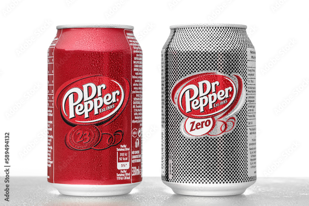 Can of Dr Pepper Zero, water drops. Dr.Pepper is a soft drink marketed