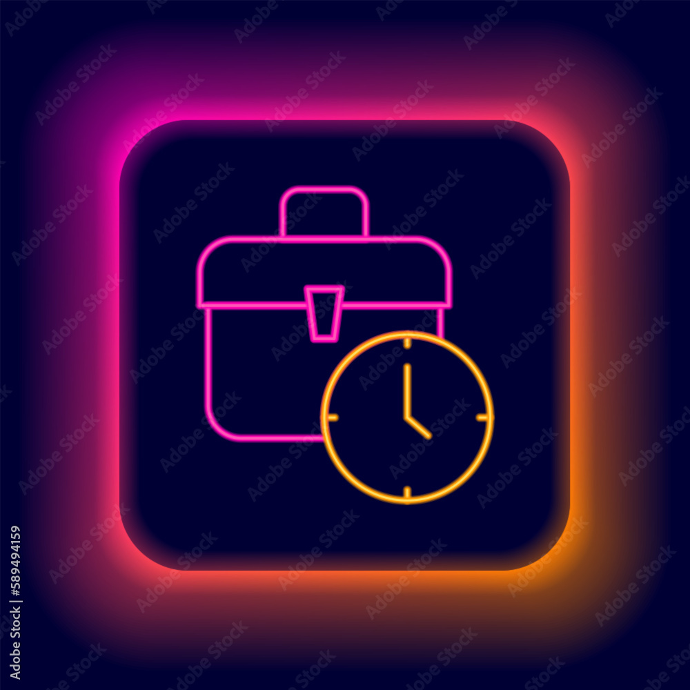 Glowing neon line Work time icon isolated on black background. Office worker. Working hours. Business briefcase. Colorful outline concept. Vector Glowing neon line Work time icon isolated on black background. Office worker. Working hours. Business briefcase. Colorful outline concept. Vector