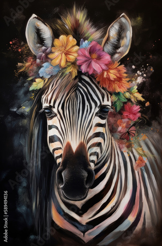 Ein Zebra mit Blumen auf dem Kopf   KI