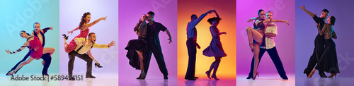 Photography Set of dynamic images of young couples, men and women in stylish clothes dancing retro, tango and ballroom dance over multicolored background in neon