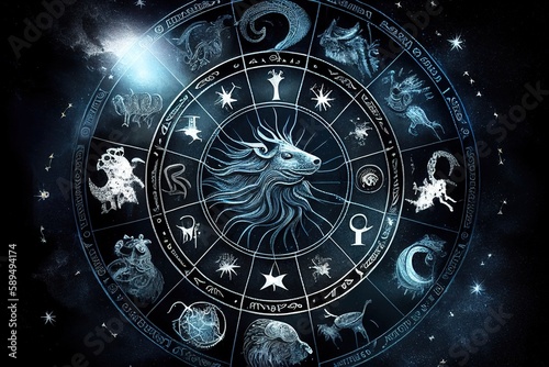 Zodiac signs in the circle. Zodiac background. Horoscope and astrology concept. Generative AI